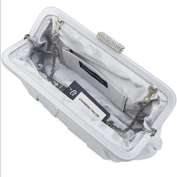 Evening Bag in Silver Satin with Crystal Embellished Clasp - Picture 3 of 7